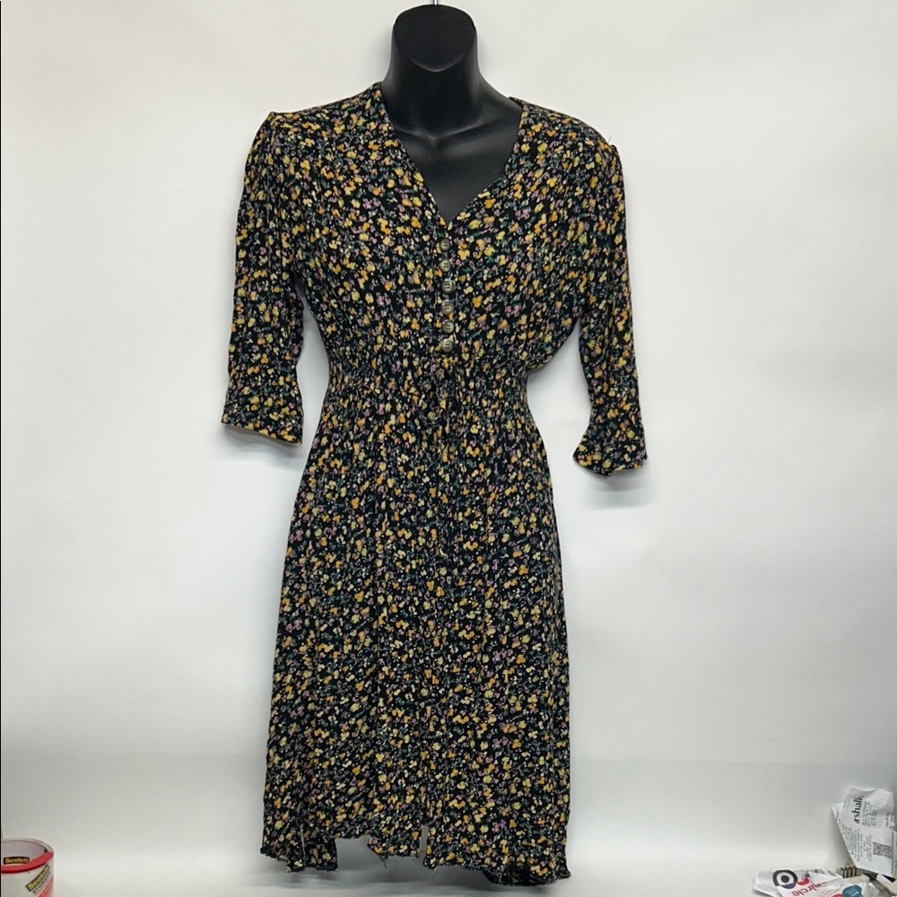 Black Floral V-Neck Midi Dress with Yellow Accents Y2K cottage core small